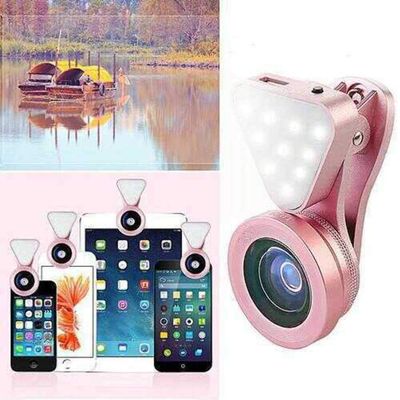 Glow Face 3 in 1 Photo Lens and Fill Lighting Clip Ring Light for Phone, 140deg. Wide Angle Lens, 15x Macro Lens, 10 LED Fill Lighting Rechargeable - Gold