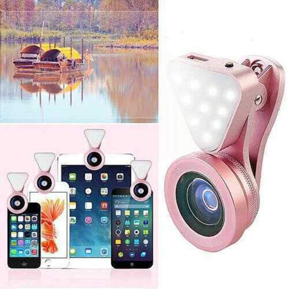 Glow Face 3 in 1 Photo Lens and Fill Lighting Clip Ring Light for Phone, 140deg. Wide Angle Lens, 15x Macro Lens, 10 LED Fill Lighting Rechargeable - Gold