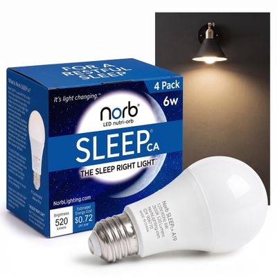 Norb NorbSLEEP Low-Blue Sleep Light Bulb | Circadian Rhythm Light Bulb & Melatonin-Boosting Nighttime LED | A19 6W 520 Lumens | 2650K Warm White, CRI 97 & Dimmable E26 Base | for All Ages (4 Pack)