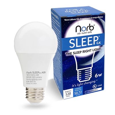 Norb NorbSLEEP Low-Blue Sleep Light Bulb Melatonin-Boosting Nighttime LED for Restful Sleep for Babies, Kids, & Adults 6W A19 Dimmable, Natural Evening Spectrum, White Not Amber (1-Pack)