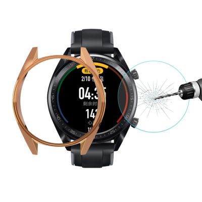 Lingland For HUAWEI Watch GT Classic / GT Active / GT Sport 46mm Hat-prince 2 in 1 Full Coverage Electroplate TPU Case + 0.2mm 9H 2.15D Curved Edge Tempered Glass Film(Black) Watch electronic watch pr
