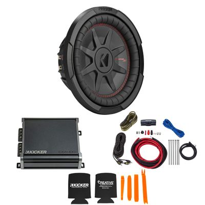 Kicker 10 Inch Comp RT Thin Woofer Includes 48CWRT104 Package with 46CXA4001 Amplifier and Wire kit