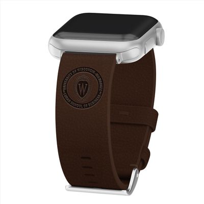Affinity Bands Wisconsin School of Business Premium Leather Watch Band Compatible with Apple Watch (38/40/41mm (42mm Series 11) Long Chestnut Brown)