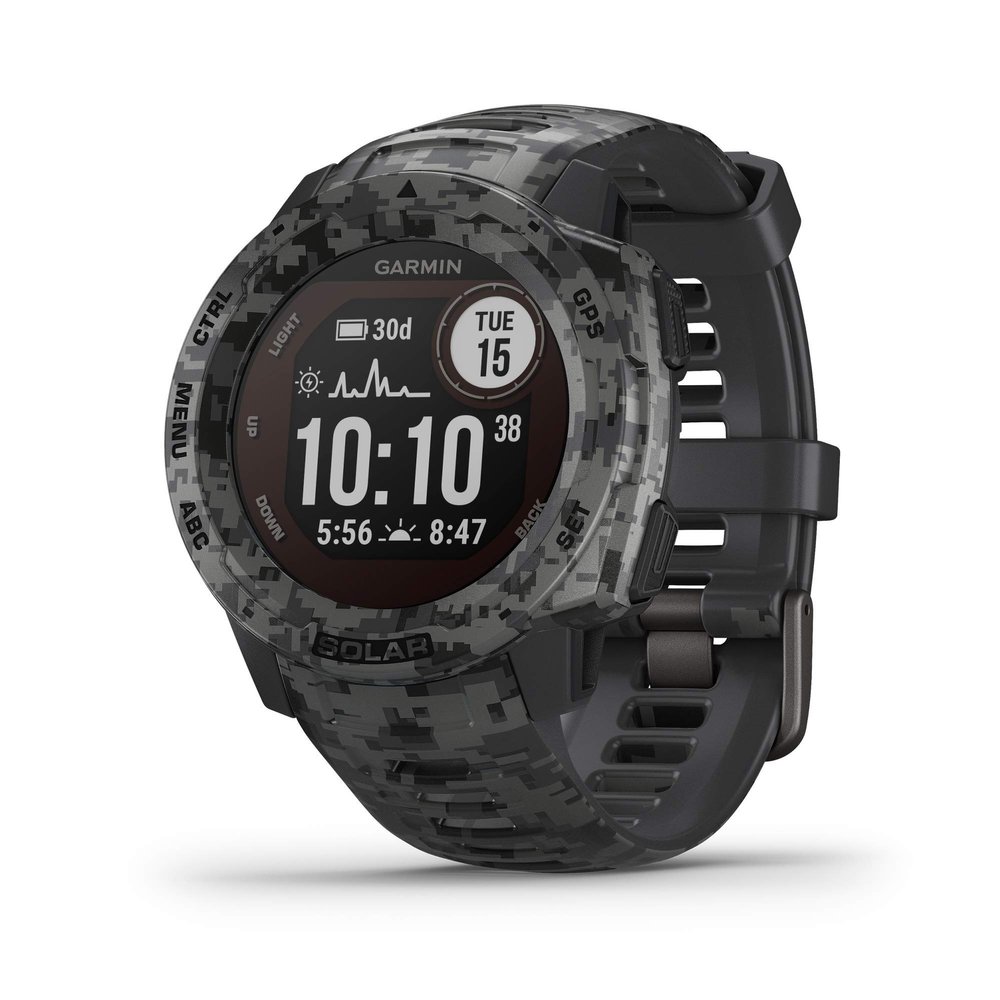Garmin Instinct Solar, Solar-Powered Rugged Outdoor Smartwatch, Built-in Sports Apps and Health Monitoring, Graphite Camo (Renewed)