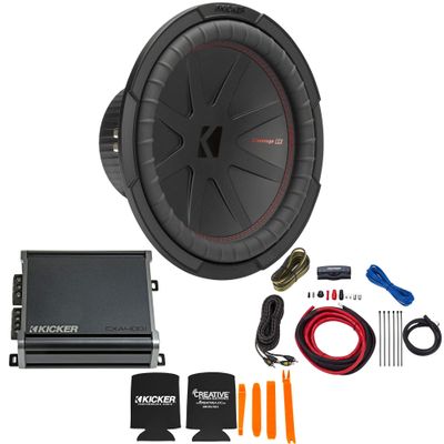 KICKER 12 Inch Comp R Woofer 48CWR124 Package with 46CXA4001 Amplifier and Wire kit