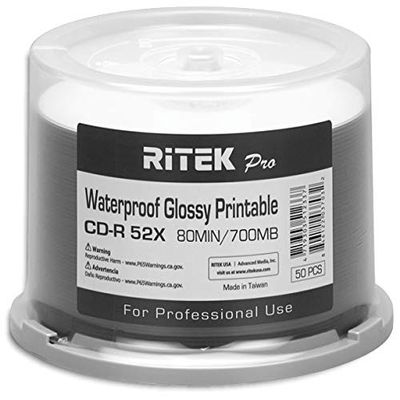 100-Pak Ritek Pro CD-R 52X 700MB 80Min Professional Grade Watershield Water Resistant Glossy White Inkjet Hub Printable Blank Recordable Disc in Cakebox (2 x 50-Pak)