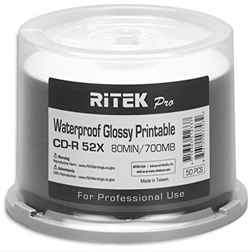 100-Pak Ritek Pro CD-R 52X 700MB 80Min Professional Grade Watershield Water Resistant Glossy White Inkjet Hub Printable Blank Recordable Disc in Cakebox (2 x 50-Pak)