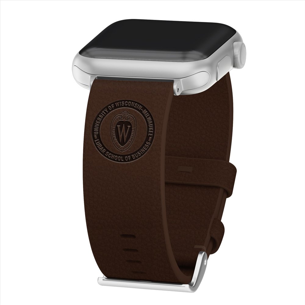Affinity Bands Wisconsin School of Business Premium Leather Watch Band Compatible with Apple Watch (42/44/45/49mm (46mm Series 11) Short Chestnut Brown)