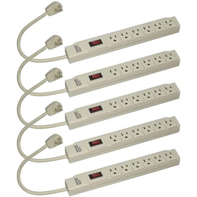 Wideskall 5-Packs 1 Feet 6 Outlets Built-in Safety Circuit Breaker Angle Plug AC Wall Power Strip ETL Listed (Beige)