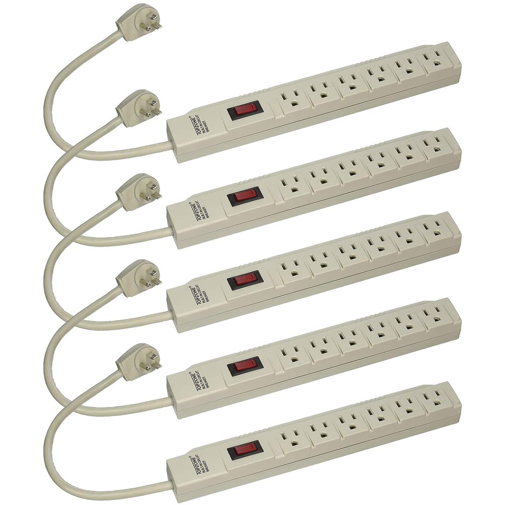 Wideskall 5-Packs 1 Feet 6 Outlets Built-in Safety Circuit Breaker Angle Plug AC Wall Power Strip ETL Listed (Beige)