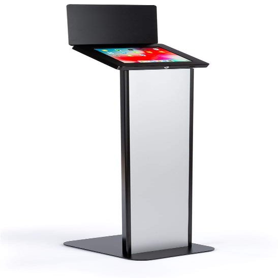Displays2go Tablet Floor Stand, Steel Construction, Locking Housing, Cord Management - Black (IPELIT97BK)