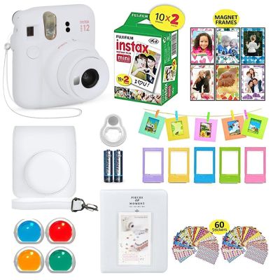 Fujifilm Instax Mini 12 Instant Camera Clay White + Shutter Compatible Carrying Case + Fuji Film Value Pack (20 Sheets) + Shutter Accessories Bundle, Color Filters, Photo Album, Assorted Frames