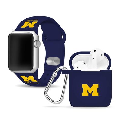 Affinity Bands Michigan Wolverines Silicone Sport Band and Case Cover Combo Package Compatible with Apple Watch and AirPods Gen 1 & 2 (38/40/41mm (42mm Series 11) Wolverines/Navy)