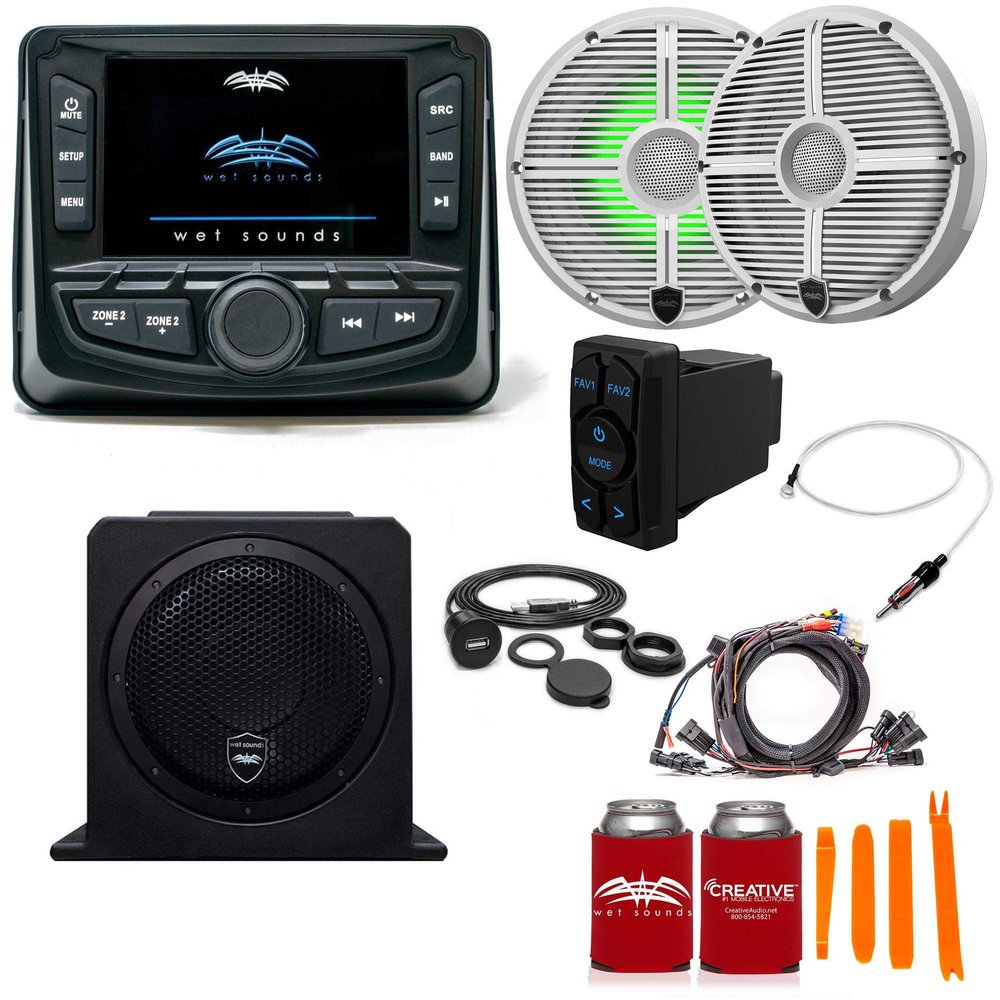 Wet Sounds Ultimate Golf Cart Audio Bundle, Radio, 2-RGB White Grill 6.5" Speakers, 10" Powered sub, Wiring Kit
