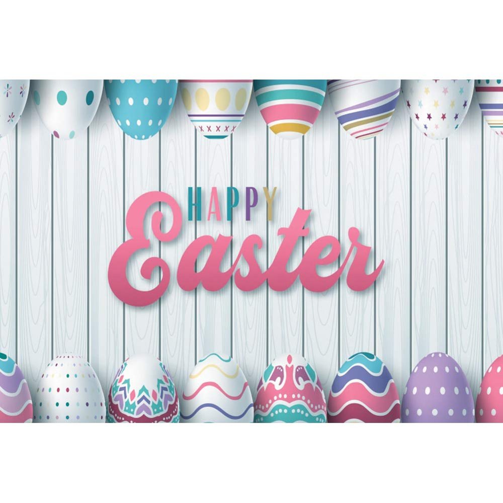 Leyiyi 10x8ft Happy Easter Party Photography Backdrop Colorful Easter Eggs Vibrant Color Painted Eggshells White Wood with Plank Vinyl Background Banner for Easter Studio Props Photo Booth