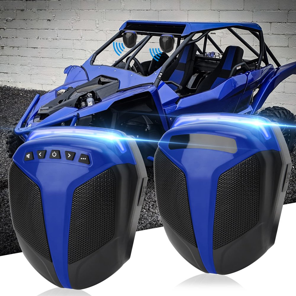 OPL5 1Pair ATV UTV Speaker System with LED Blue Light Waterproof All-in-One 1"-1.5" Handlebar Mount MP3 Music Player Audio Amplifier System USB Speaker System for ATV UTV (MT486)