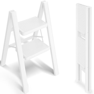 SOLADDER Step Stool, 2 Step Ladder with Anti-Slip and Wide Pedal, Portable Iron Foldable Stepladder for Home and Kitchen, 300lbs - White