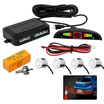 TOTMOX LED Display Parking Assistants Double CPU Security Reversing Parking Radar Sensor Car Vehicle with 4 Sensors Alarm Buzzer Reminder Safe Driving, Rear Parking Sensor Kit, White