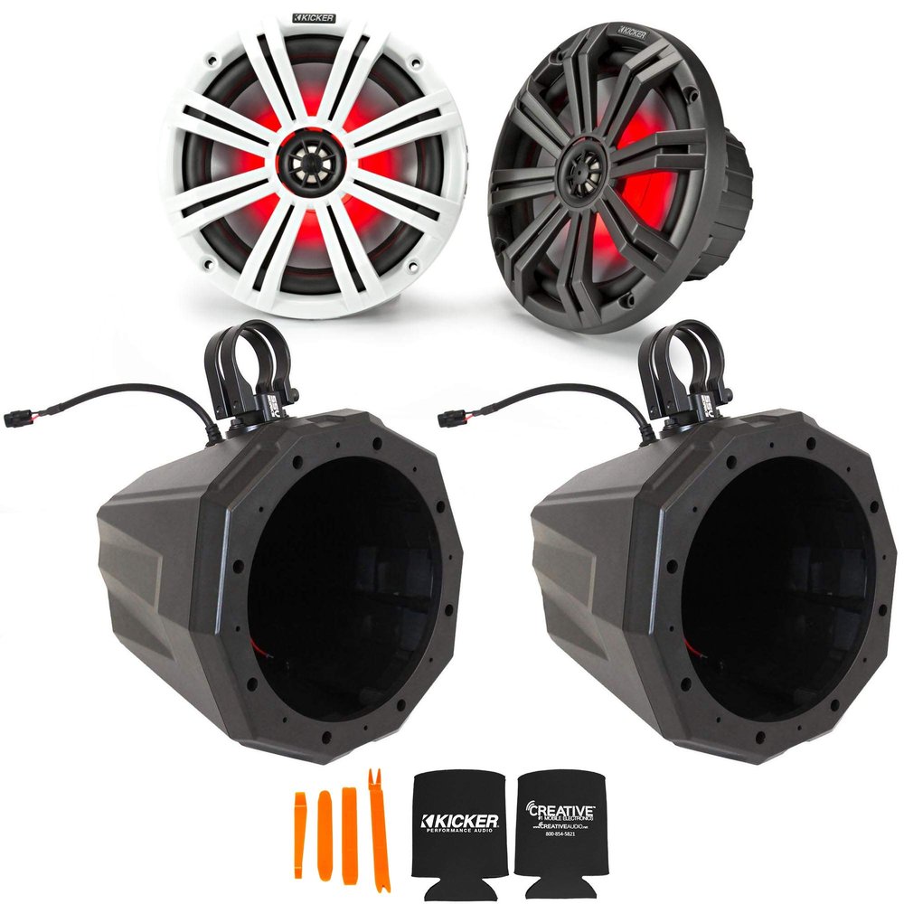 KICKER 45KM84L 8" RGB LED Marine Speakers with SSV US2-C8 Universal 8-inch Cage Mount Speaker Pods Including 1.50" Dual Clamps