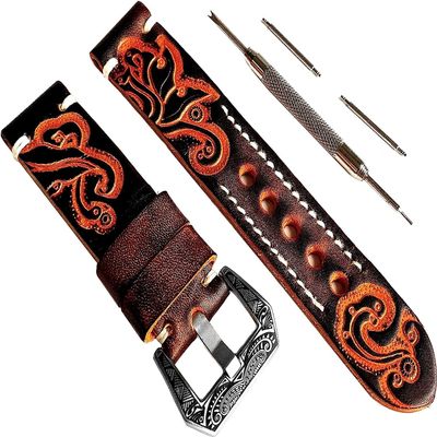 NICKSTON Brown and Orange Embossed Leather Band Compatible with Garmin Forerunner 245 645 and Vivoactive 3 Music Strap Pins Tool PT20 (2. Silver Color Buckle, For Garmin Vivoactive 3)