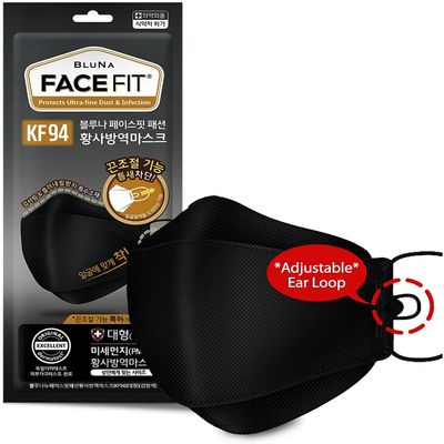BLUNA FACE FIT ::GENUINE:: [20 Pack] Premium 4-Layer [LARGE-BLACK] KF94 Face Mask [Adjustable Ear Loop][Anti-Trouble Skin][Made in KOREA]