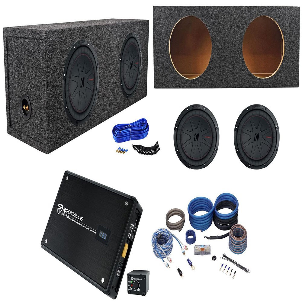 KICKER (2) 48CWR104 COMPR10 10" 1600W Subwoofer Bundle with Krypton-M2 Mono Amplifier & Rockville RD10 Sealed Subwoofer Enclosure Sub Box & Rockville RWK4CU Wire Kit & Installation Kit (5 Items)