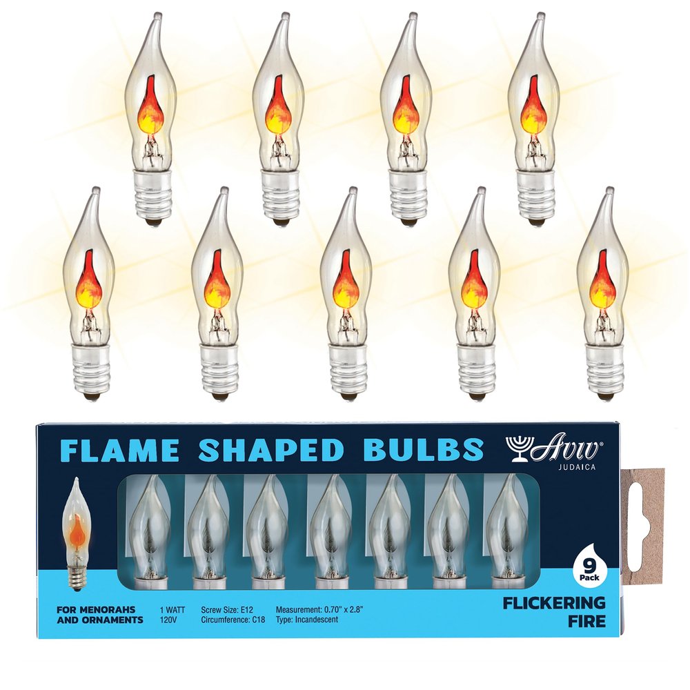 Aviv Judaica Flickering Flame Bulbs 9 Pack, E12 Base, Clear Glass, Candlelight Ambiance for Chandeliers, Wall Sconces, String Lights, Holiday Decor Ornaments Hanukkah Menorah Realistic Flame Bulbs
