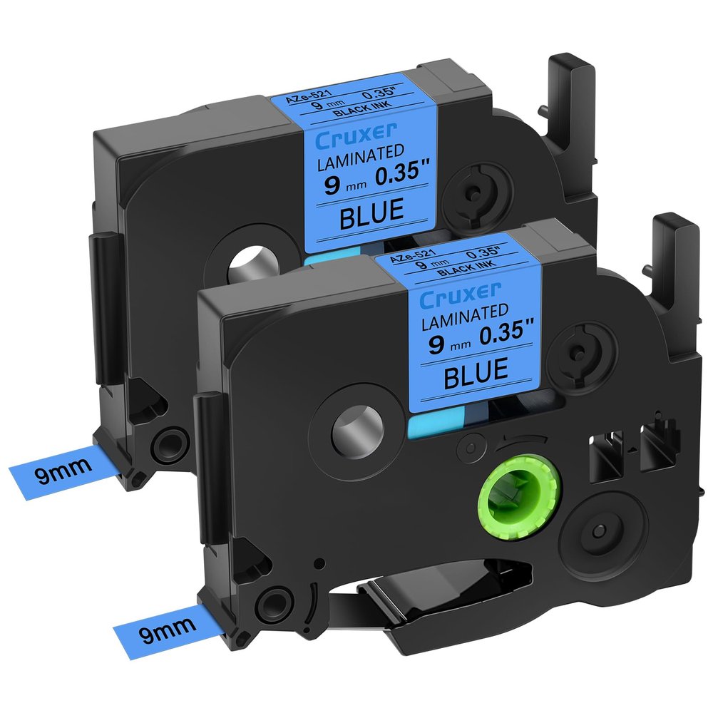 Cruxer 2 Pack Replacement for P-Touch TZe-521 TZ-521 Label Tape Black Text on Blue Laminated 9mm 0.35" Compatible with Ptouch PT-D200 PT-D210 PT-D400 PT-D450 PT-D600 PT-H100 PT-1230PC Label Maker