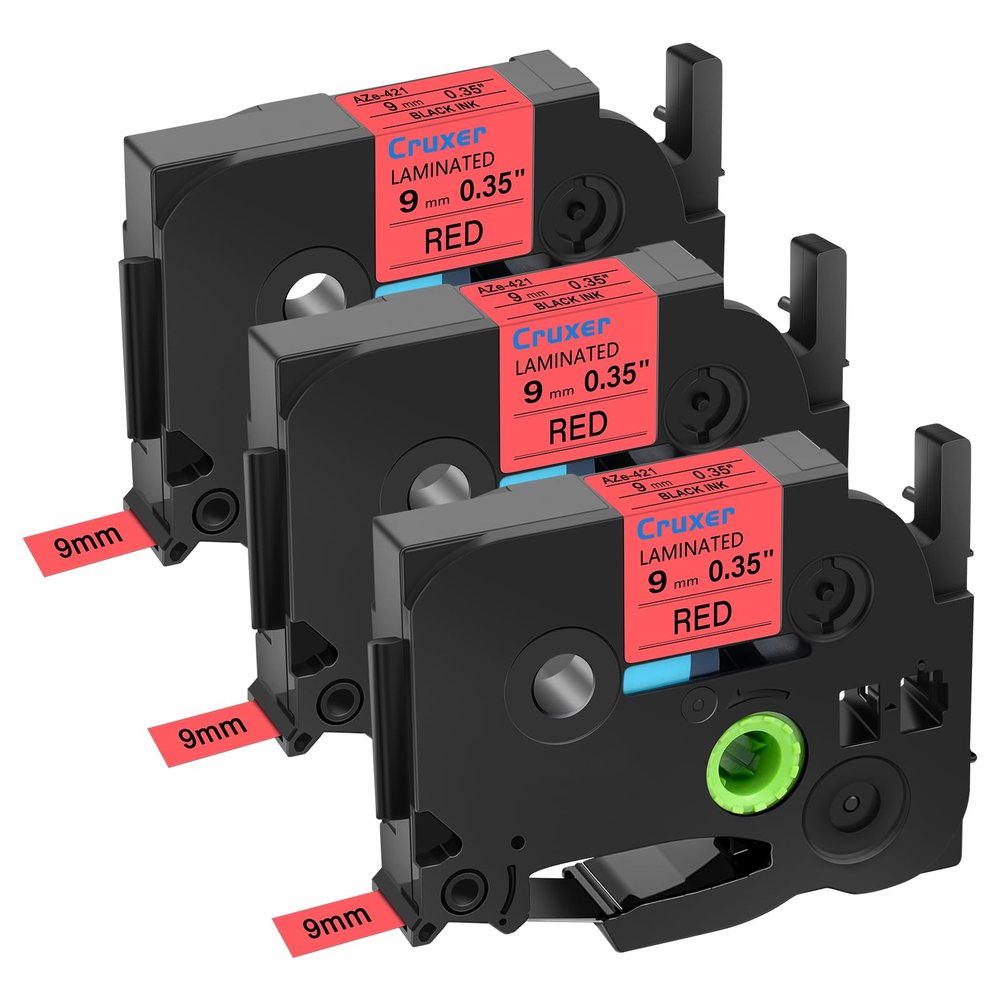 Cruxer 3 Pack Replacement for P-Touch TZe-421 TZ-421 Label Tape Black Text on Red Laminated 9mm 0.35" Compatible with Ptouch PT-D200 PT-D210 PT-D400 PT-D450 PT-D600 PT-H100 PT-1230PC Label Maker