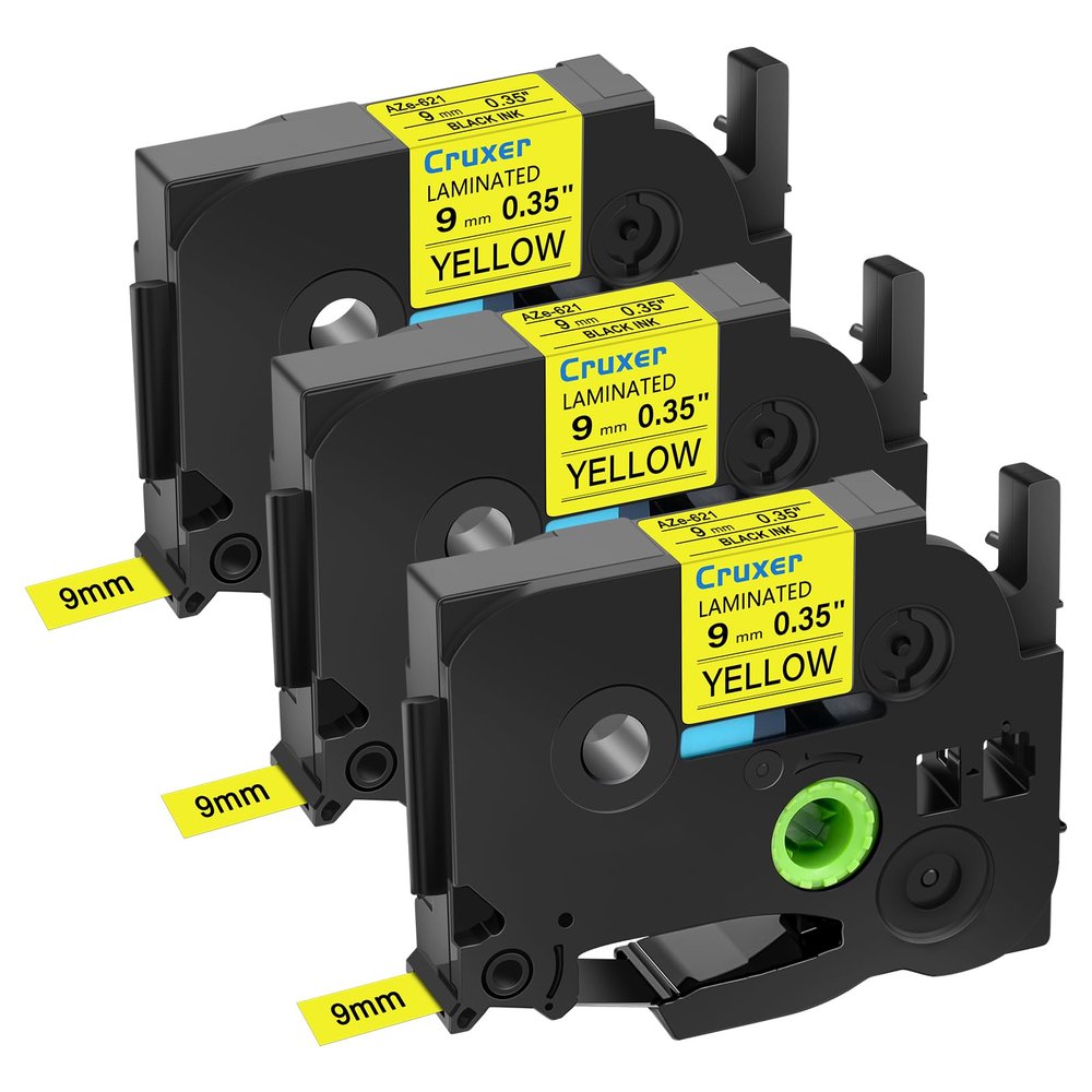 Cruxer 3 Pack Replacement for P-Touch TZe-621 TZ-621 Label Tape Black Text on Yellow Laminated 9mm 0.35" Compatible with Ptouch PT-D200 PT-D210 PT-D400 PT-D450 PT-D600 PT-H100 PT-1230PC Label Maker