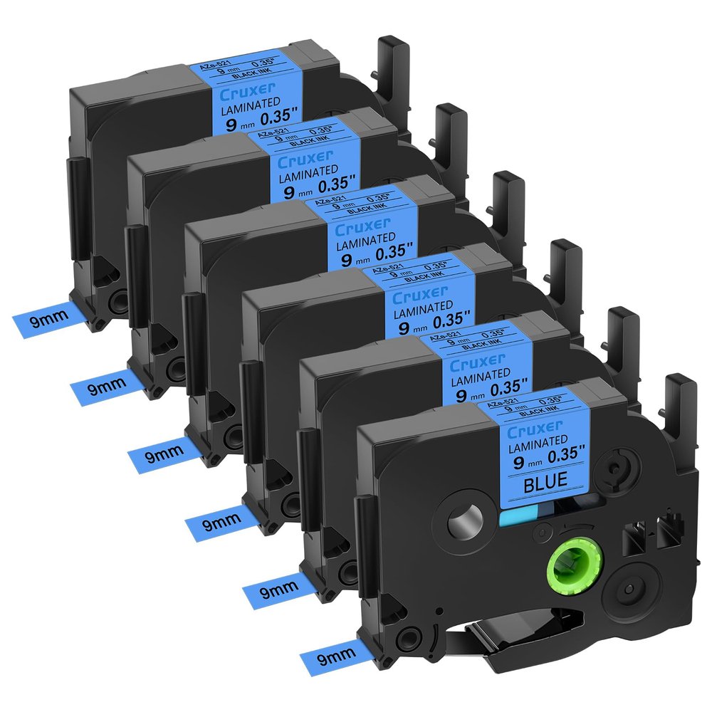 Cruxer 6 Pack Replacement for P-Touch TZe-521 TZ-521 Label Tape Black Text on Blue Laminated 9mm 0.35" Compatible with Ptouch PT-D200 PT-D210 PT-D400 PT-D450 PT-D600 PT-H100 PT-1230PC Label Maker