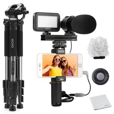 Movo Smartphone Vlogging Kit with Shotgun Microphone for Camera - Smartphone Microphone for iPhone and Android Adapter - LED Camera Light - Lightweight Tripod for Camera with Mobile Phone Tripod Mount