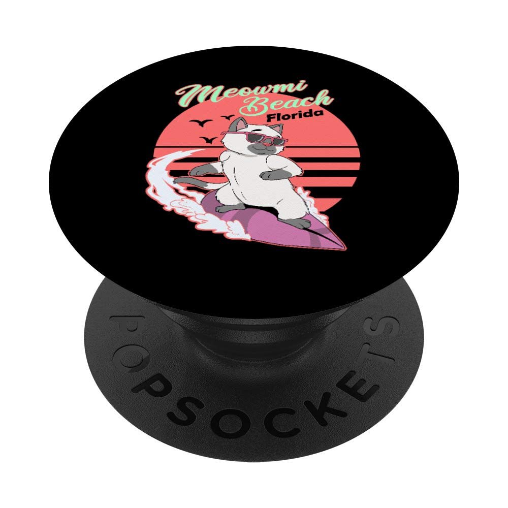 Funny Meowmi Beach Florida Miami Cat Surfer Surfing Kitten PopSockets Swappable PopGrip