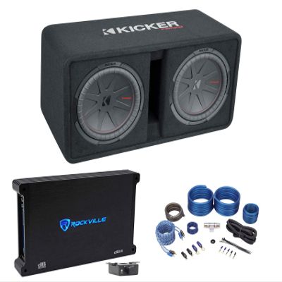 Kicker 48DCWR122 COMPR12 Dual 12" 2000W Subwoofers Bundle with Rockville dB14 4000 Watt Peak/1000w CEA RMS Mono 2 Ohm Amplifier Car Audio Amp & Rockville RWK41 Installation Wire Kit (3 Items)