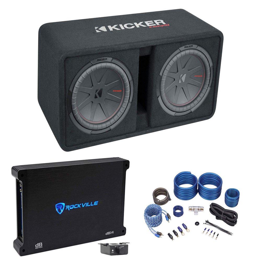 Kicker 48DCWR122 COMPR12 Dual 12" 2000W Subwoofers Bundle with Rockville dB14 4000 Watt Peak/1000w CEA RMS Mono 2 Ohm Amplifier Car Audio Amp & Rockville RWK41 Installation Wire Kit (3 Items)