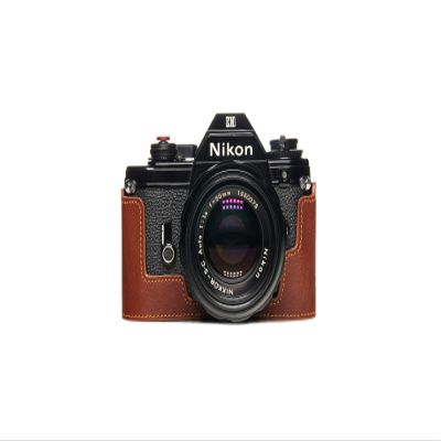 for Nikon EM Case, BolinUS Handmade Genuine Real Leather Half Camera Case Bag Cover for Nikon EM Camera with Hand Strap (LavaBrown)