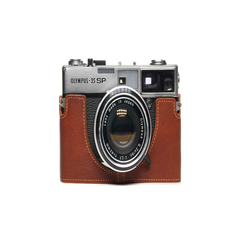 35 SP Case, BolinUS Handmade Genuine Real Leather Half Camera Case Bag Cover for Olympus 35 SP Camera with Hand Strap (LavaBrown)