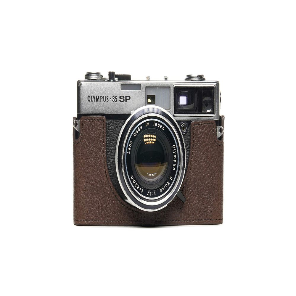 35 SP Case, BolinUS Handmade Genuine Real Leather Half Camera Case Bag Cover for Olympus 35 SP Camera with Hand Strap (Coffee)