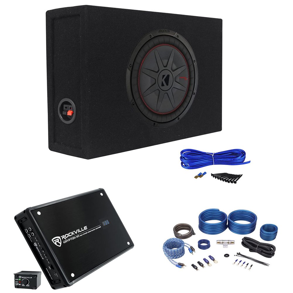 Kicker 48CWRT122 2000W 12" Slim Subwoofer Bundle with Rockville Krypton-M1 2000w Peak/500w RMS Mono 1 Ohm Car Amplifier Amp+Remote & Rockville RSTS12 Sealed Enclosure Box & Installation Kit (5 Items)
