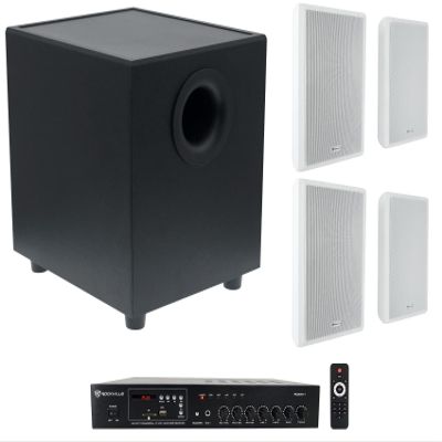 Rockville RCS80-1 Commercial Amplifier with 4 White RockSlim 70W Speakers