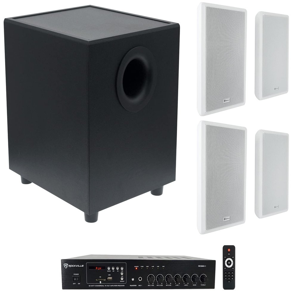 Rockville RCS80-1 Commercial Amplifier with 4 White RockSlim 70W Speakers