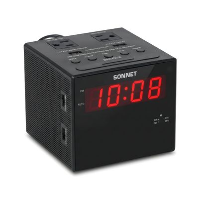 Sonnet Alarm Clock Charging Station, AM FM Radio, Dual USB Charging Ports, Dual AC Outlets, Very Loud Alarm Clock for Heavy Sleepers and The Hearing Impaired for Desk, Bedroom