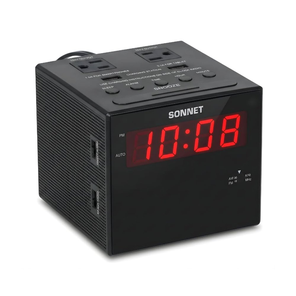 Sonnet Alarm Clock Charging Station, AM FM Radio, Dual USB Charging Ports, Dual AC Outlets, Very Loud Alarm Clock for Heavy Sleepers and The Hearing Impaired for Desk, Bedroom