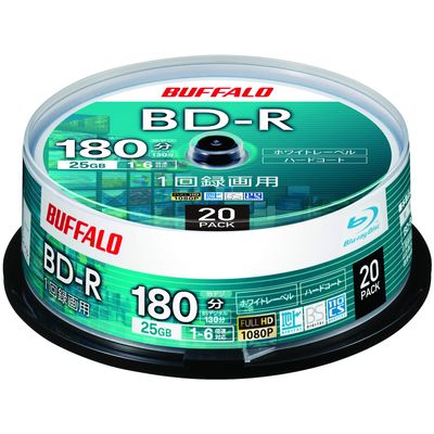 Buffalo RO-BR25V-020PW/N BD-R Blu-Ray Discs, 25 GB, 20 Sheets, Spindle, Single Sided Layer, 1 - 6x Speed, White Label