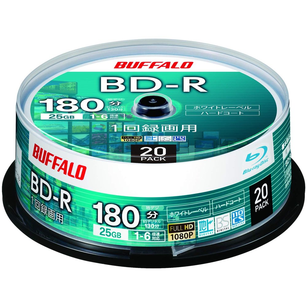 Buffalo RO-BR25V-020PW/N BD-R Blu-Ray Discs, 25 GB, 20 Sheets, Spindle, Single Sided Layer, 1 - 6x Speed, White Label