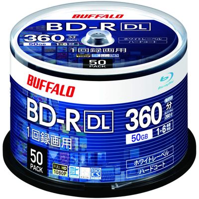 Buffalo RO-BR50V-050PW/N BD-R DL Blu-Ray Disc, Single Time, 50 GB, 50 Sheets, Spindle, 2 Layer, 1-6x Speed, White Label