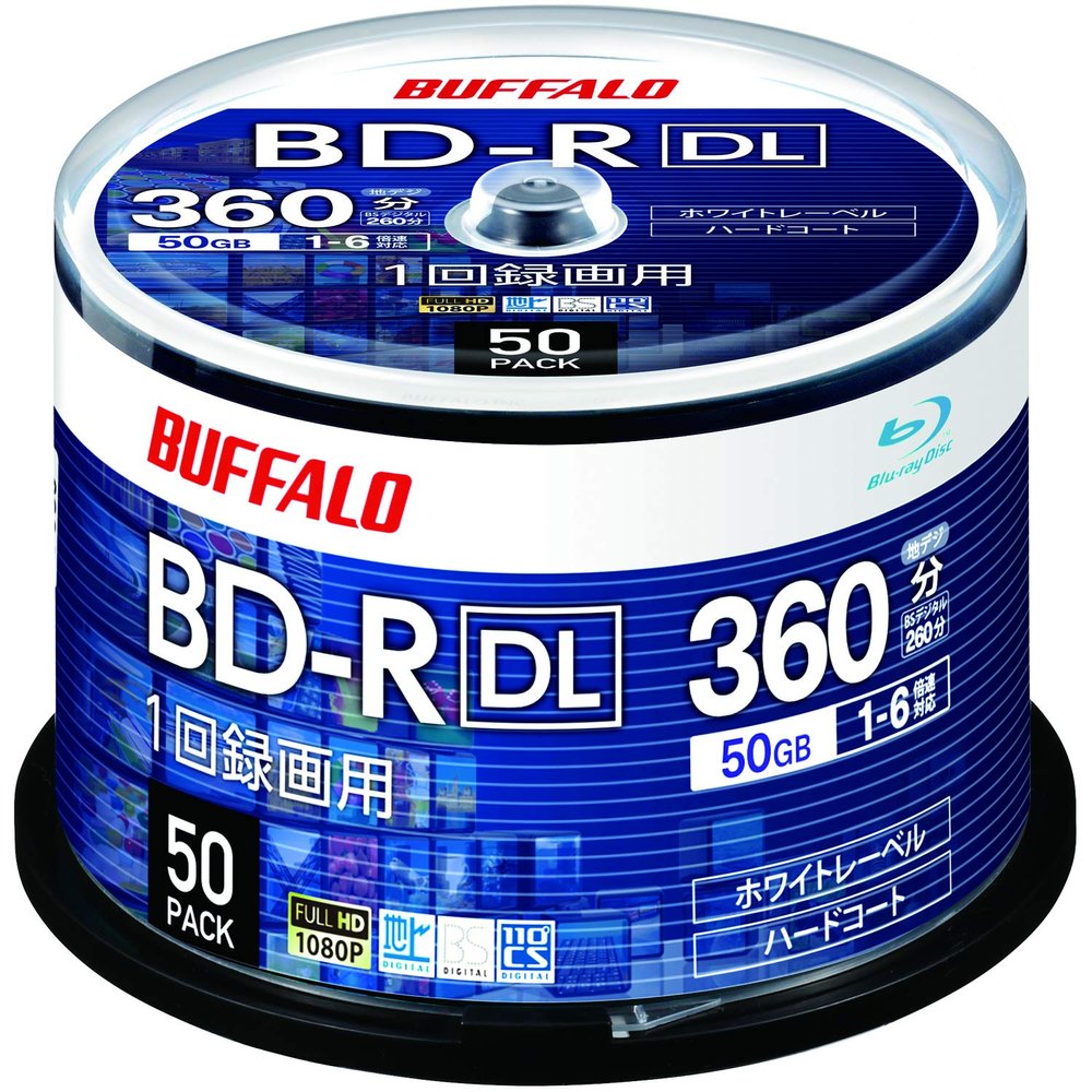 Buffalo RO-BR50V-050PW/N BD-R DL Blu-Ray Disc, Single Time, 50 GB, 50 Sheets, Spindle, 2 Layer, 1-6x Speed, White Label