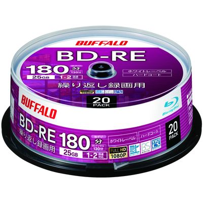 Buffalo RO-BE25V-020PW/N BD-RE Blu-Ray Discs, 25 GB, 20 Sheets, Spindle, Single Side, 1 - 2x Speed, White Label