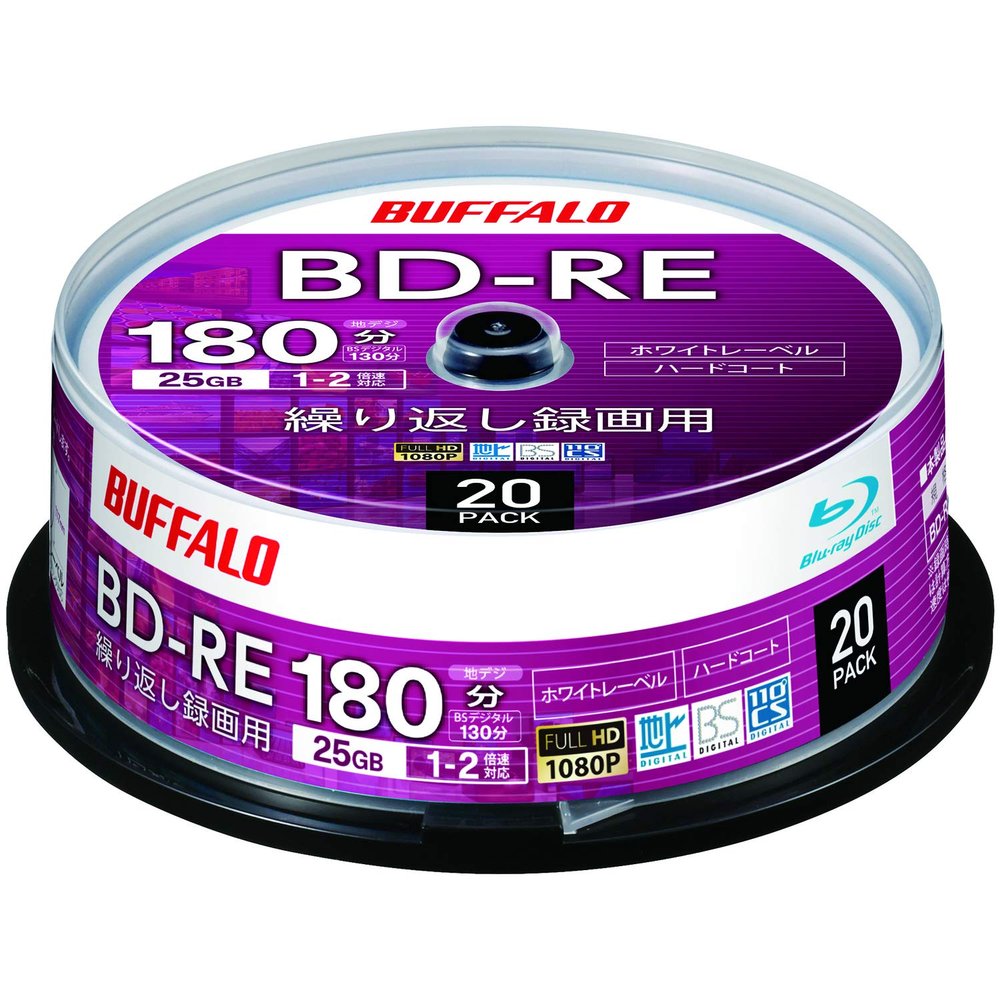 Buffalo RO-BE25V-020PW/N BD-RE Blu-Ray Discs, 25 GB, 20 Sheets, Spindle, Single Side, 1 - 2x Speed, White Label