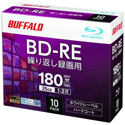 Buffalo RO-BE25V-010CW/N BD-RE Blu-Ray Disc, 25 GB, 10 Pieces, Slim Case, 1 Layer on One Side, 1 - 2x Speed, White Label